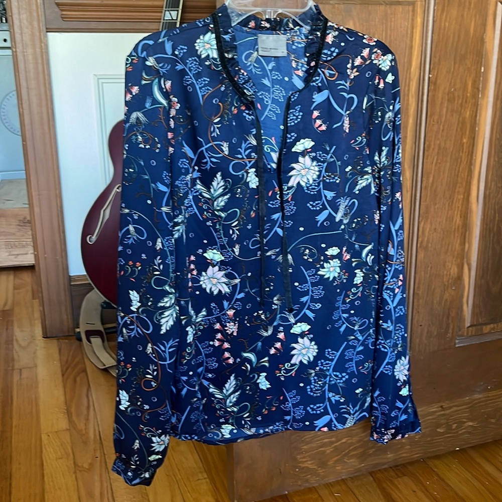 Floral, silky long-sleeve work blouse, barely worn.